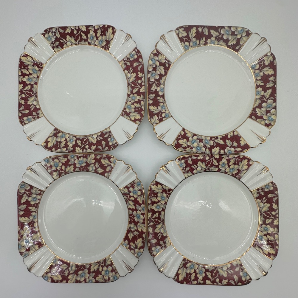 Royal Albert Brocade Art Deco Salad Plates Set of 4 Bone China Burgundy Floral